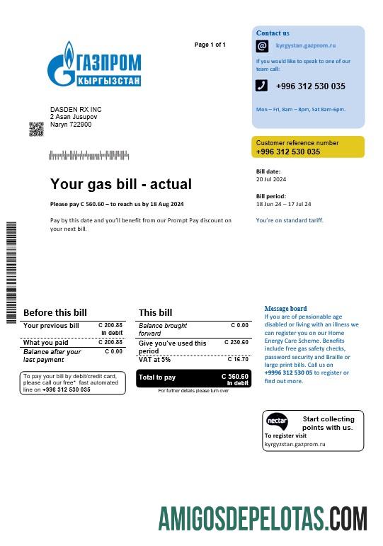 Para baixar modelo de conta de serviços públicos da Gazprom do Quirguistão em formatos Word e PDF